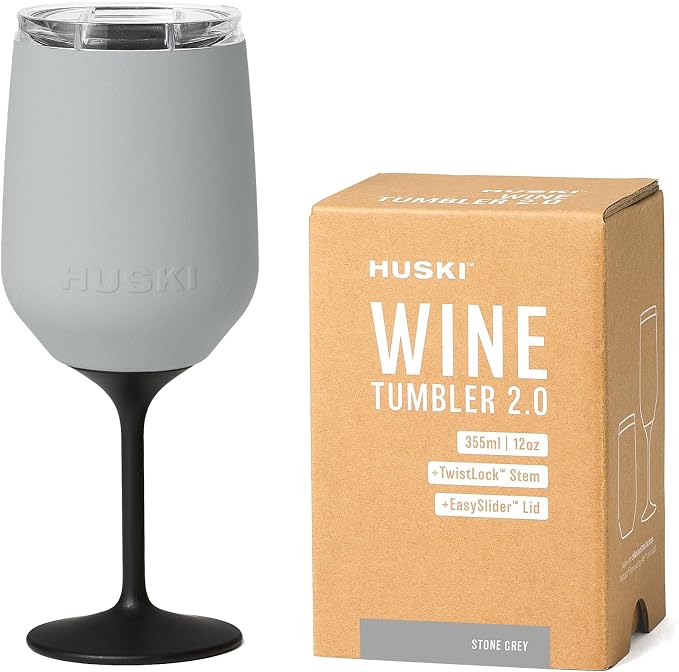 Huski Wine Tumbler 2.0 | NEW | Award-winning Design with Detachable Stem | Premium Stainless Steel Wine Glass with Lid | Triple Insulated Tumbler | 12oz Capacity | Great Gift (Stone Grey)