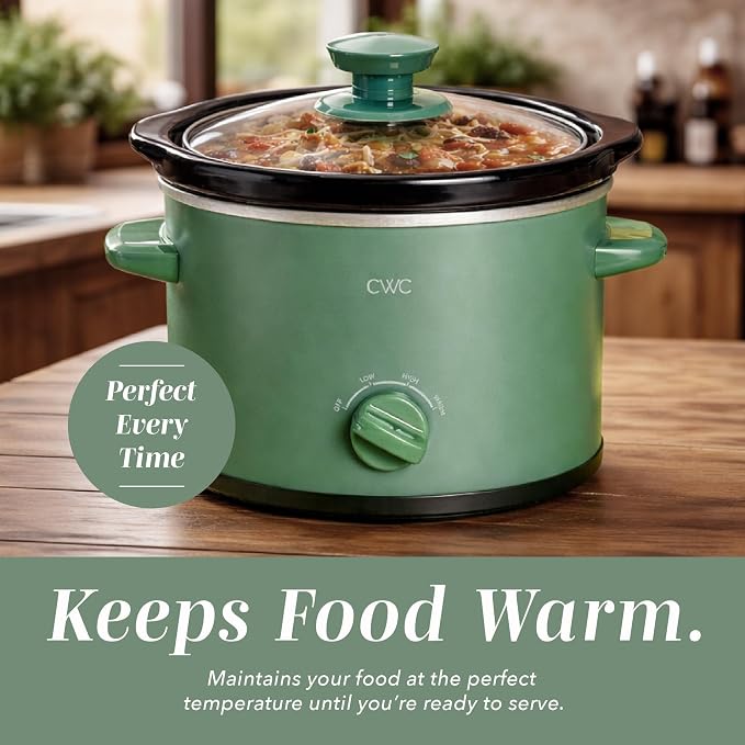 COOK WITH COLOR 2QT Mini Electric Round Slow Cooker - Adjustable Settings, Removable Stoneware Pot, Tempered Glass Lid, Dishwasher Safe, Cool-Touch Side Handles, Dark Sage