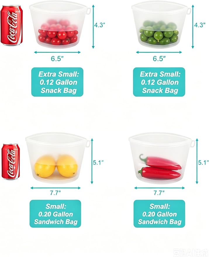 Reusable Silicone Food Storage Bags (Set of 4), Dishwasher Oven Microwave Freezer Safe, Eco-Friendly 100% Platinum, Leakproof Sous Vide Bags, Premium Lunch Containers, 2 Snack 2 Sandwich, Clear