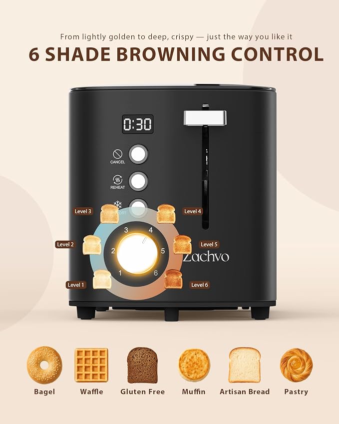 2 Slice Toaster with Countdown Timer, Wide Slots Fits Thick Bread & Bagel | 6 Browning Levels, Defrost, Reheat & Cancel, Removable Crumb Tray, Compact Design for Everyday Breakfast