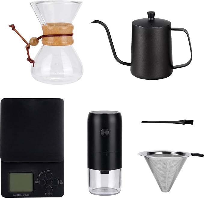 Pour Over Coffee Maker Set, Coffee Pour Over Dripper Kit with Kettle | All in One Coffee Set with Electric Coffee Grinder and Scale, Coffee Dripper Set with Carafe and Filter, Coffee Brewing Kit