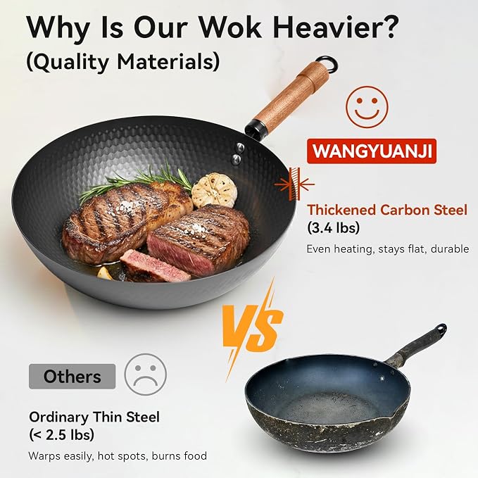 WANGYUANJI Carbon Steel Wok Pan with Lid, 12.6" Hammered Stir Fry Pan, Thickened Heavy Duty Flat Bottom Wok for Electric, Induction & Gas Stoves, Detachable Wood Handle, No Chemical Coating (Black)