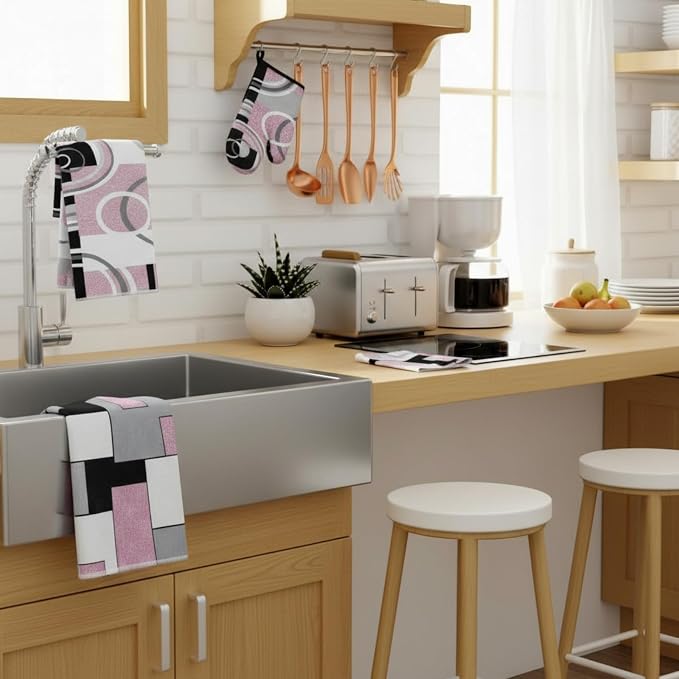 Jingmore 6 Pcs Kitchen Decor Set Accessory Farmhouse Kitchen Towels Pot Holders Oven Mitts Set 2 Dish Towels 2 Pot Holders 2 Cooking Mittens Oven Glove for Cooking (Pink, White, Black,Geometric)