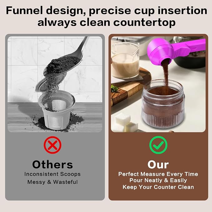 2-in-1 Coffee Scoop with Funnel, 2 Tbsp Measuring Spoon for Reusable K Cups, Ground Coffee, Protein Powder & Tea, Mess-Free Plastic Design（Rose Red-2pack）