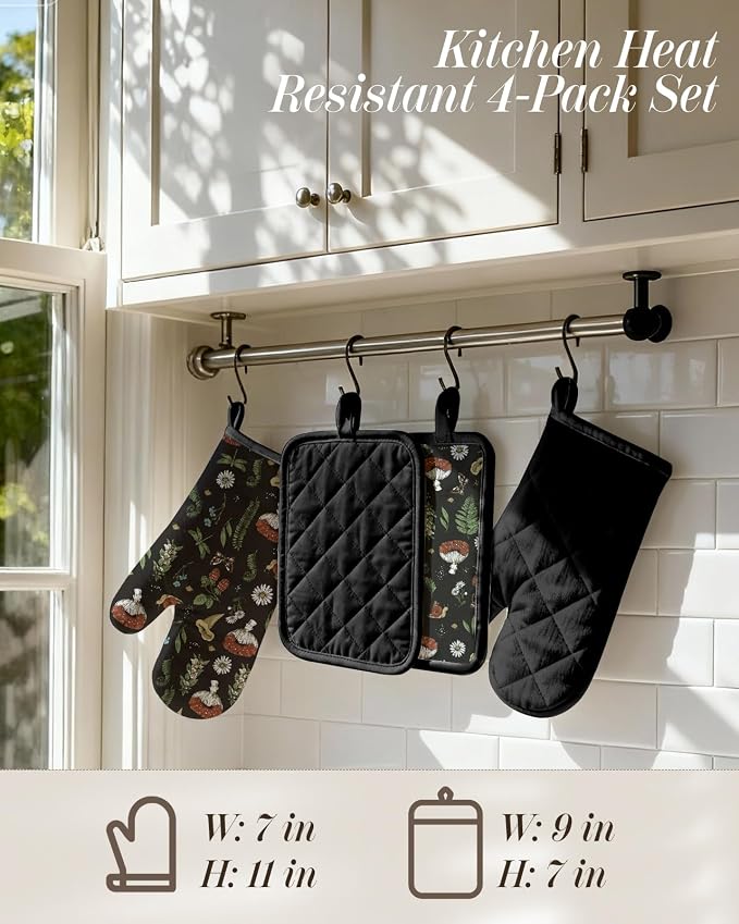 Miss Adola Cotton Oven Mitts and Pot Holders Sets, Forest Charm | Heat-resistant up to 350°F, Pure Cotton, Quilted Contact Surface, Stylish Design, with Hanging Loop, Ready to Gift Package
