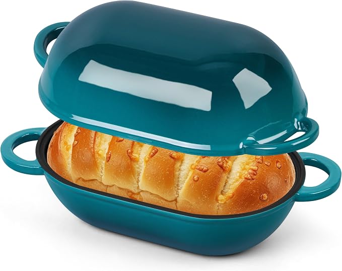 Homikit Enameled Cast Iron Dutch Oven for Bread Baking, 2.8 QT Oval Bread Oven Pot with Lid, 9.5 x 5.7 Inch Sourdough Loaf Baking Pan for Homemade Bread, Heavy Duty & Oven Safe, Dark Green
