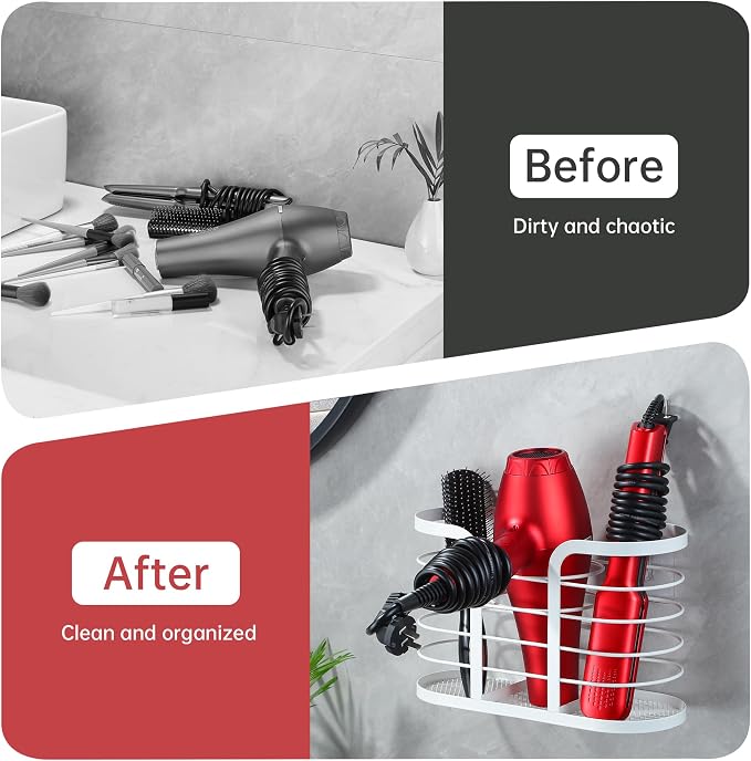 YIGII White Hair Dryer Holder - Adhesive Blow Dryer Holder/Hair Tool Organizer Bathroom Organizer Stick on Wall Mounted Multi-Functional Hair Dryer Rack for Wire Straightener, Shavers | Hair Tool Storage for Blow Dryers, Straighteners and Shavers, No D...