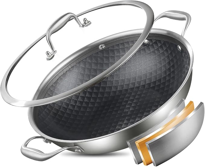 DELARLO 12 Inch Tri-Ply Stainless Steel Nonstick Wok Pan with Lid 5Qt Pot | Deep 5-quart wok heats quickly and evenly, is oven safe to 600°F, and works on induction, gas, electric and ceramic cooktops.
