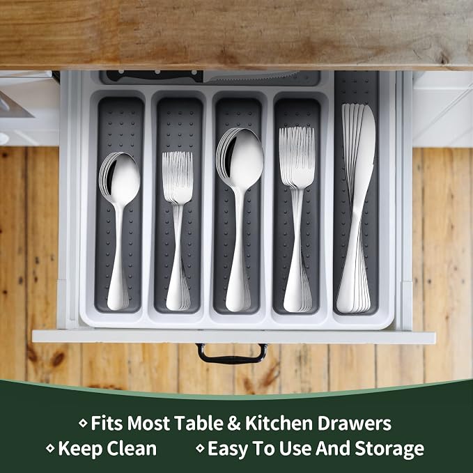 49-Piece Silverware Set with Organizer, CEKEE Stainless Steel Flatware Cutlery Set Service for 8, Mirror Polished Kitchen Utensils Set with Steak Knives Included Spoons and Forks Set & Tray