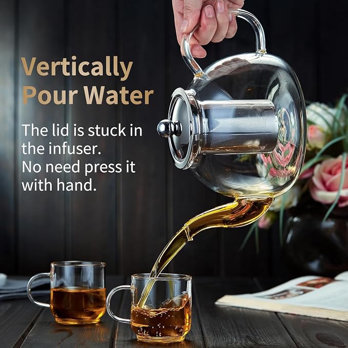 DOPUDO 41OZ (1200ML) Glass Teapot with Infuser Stovetop Safe, Clear Glass Tea Pot Kettle, Borosilicate Tea Pot with Infusers Filter for Loose Tea, Tea Kettle Dishwasher Safe