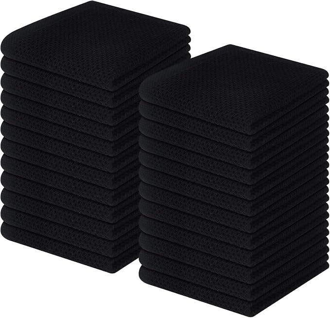 Homaxy 100% Cotton Waffle Weave Kitchen Dish Cloths 24-Pack, Black | 12 x 12 Inches, Ultra Soft Absorbent Dish Towels, Quick Drying Dish Rags with Hanging Loop