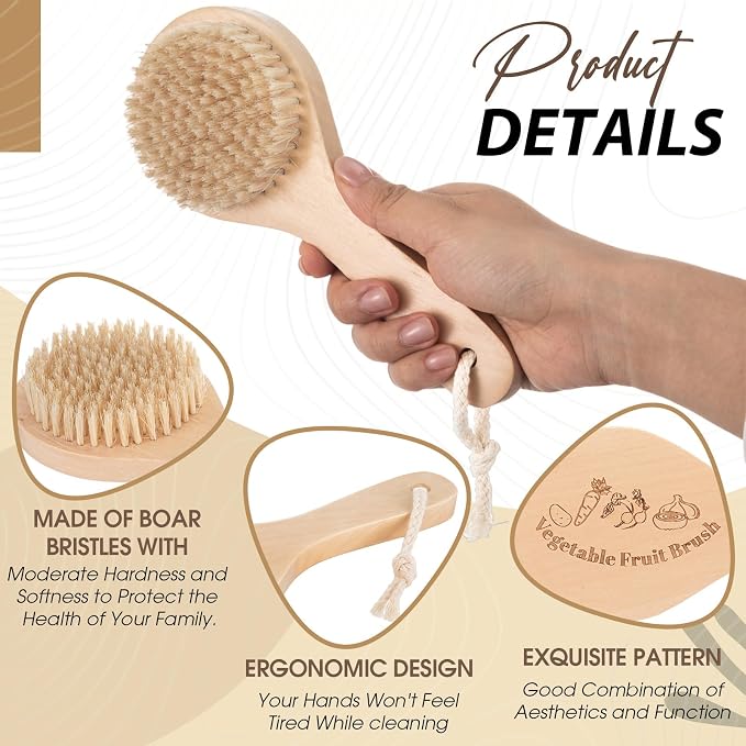 Honeydak 1 Pcs Wooden Potato Scrubber Brush Vegetable Cleaning Scrubber 7.87 Inch Long 3.15 Inch in Diameter with Long Handle for Potato Carrot Cucumber Fruits Dish Brush for Pans Pots