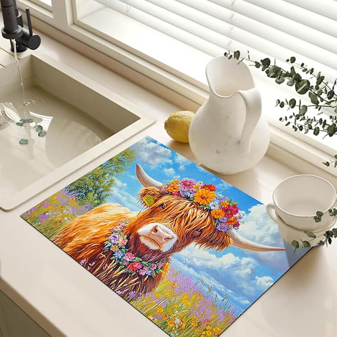 HOMETITUTE Highland Cow Stove Top Cover 28x20 Floral Field Diatomite Mat