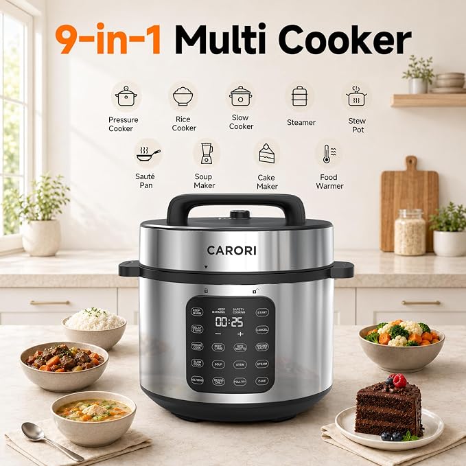 CARORI 8Qt Electric Pressure Cooker, 9-in-1 Multifunction, IMD Touchscreen, Non-Stick Pot. 1200W for Instant Feast. Olla de Presion (Ollas). Safe Venting.Rice,Slow,Steamer, Sauté, Warmer, Silver