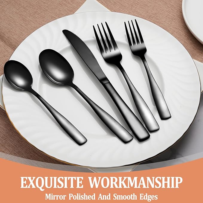 40 Pcs Black Silverware Set, Stainless Steel Flatware Set for 8, Food-Grade Cutlery Set, Mirror Polished Tableware Eating Utensils Set for Home Kitchen, Include Knife Fork Spoon Set, Dishwasher Safe