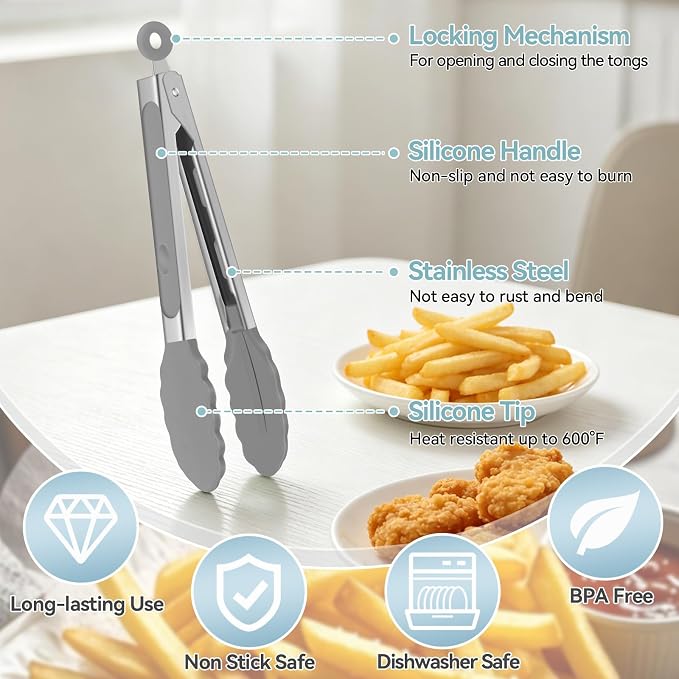 Small Cooking Tongs 7 inch Mini Serving Tongs with Silicone Tips, Set of 3 (Black + Grey + White)
