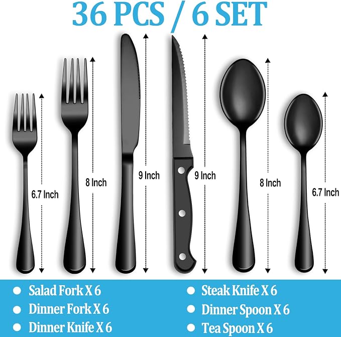 36 Pcs Black Silverware Set with Steak Knives, Stainless Steel Flatware Cutlery Set for 6, Kitchen Tableware Sets, Utensil Sets for Home and Restaurant, Dishwasher Safe