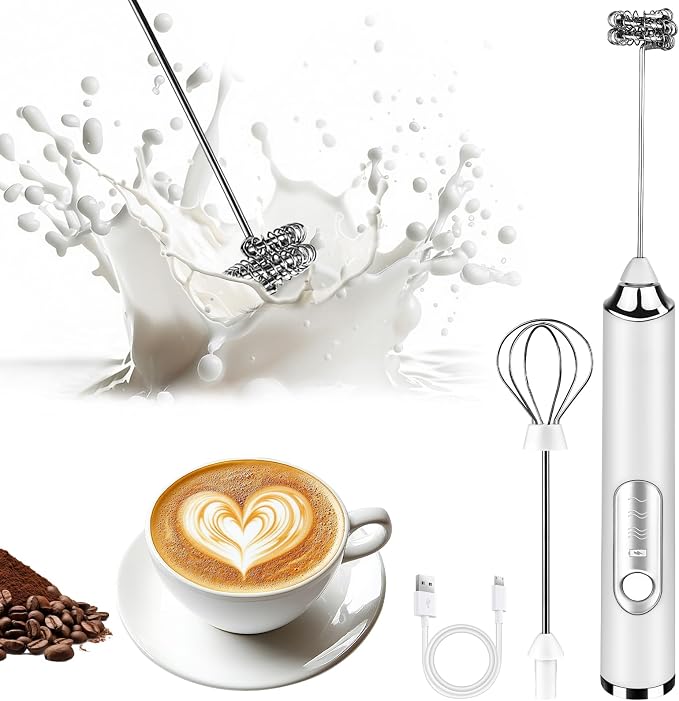 Milk Frother Handheld, Rechargeable Coffee Frother Wand, Drink Mixer, White | Electric Foam Maker with 2 Stainless Whisks 3 Speeds, Hand Mixer for Lattes, Cappuccino, Matcha, Egg