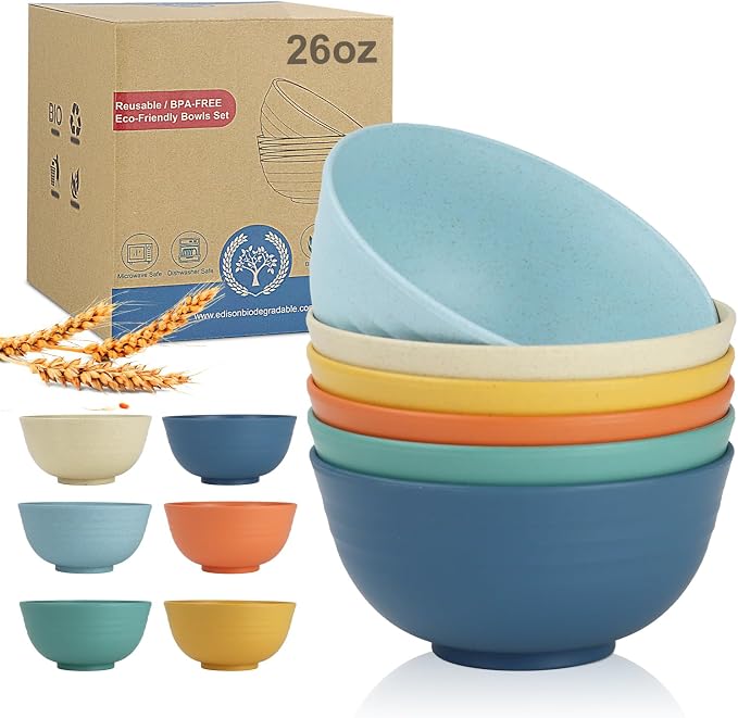 Wrova 26 oz Wheat Straw Bowls,Unbreakable Cereal Bowls Set of 6,Microwave & Dishwasher Safe Salad Bowls for kitchen, Kitchen Bowl Sets for Soup,Salad,Fruit,Snack and Oatmeal-Multi Color