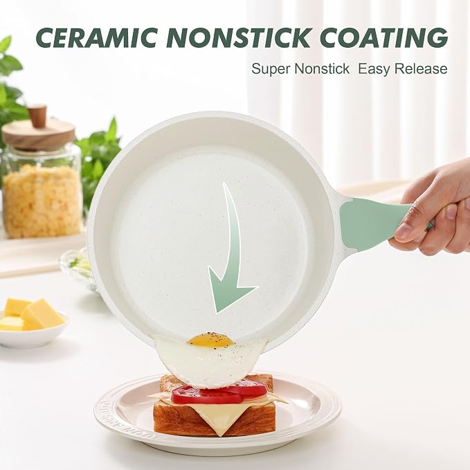 SENSARTE Ceramic Nonstick Saucepan with Lid 2.0QT, PTFE/PFAS Free, Green | Kitchen Cooking Pot with Stay Cool Handle, Induction Compatible, Ceramic Coating