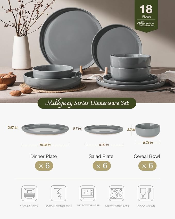 Famiware Milkyway 18-Piece Stoneware Dinnerware Set, Dark Gray | Plates and Bowls for 6, Dishes Set for Everyday & Formal Use, Microwave & Dishwasher Safe, Chip & Scratch Resistant