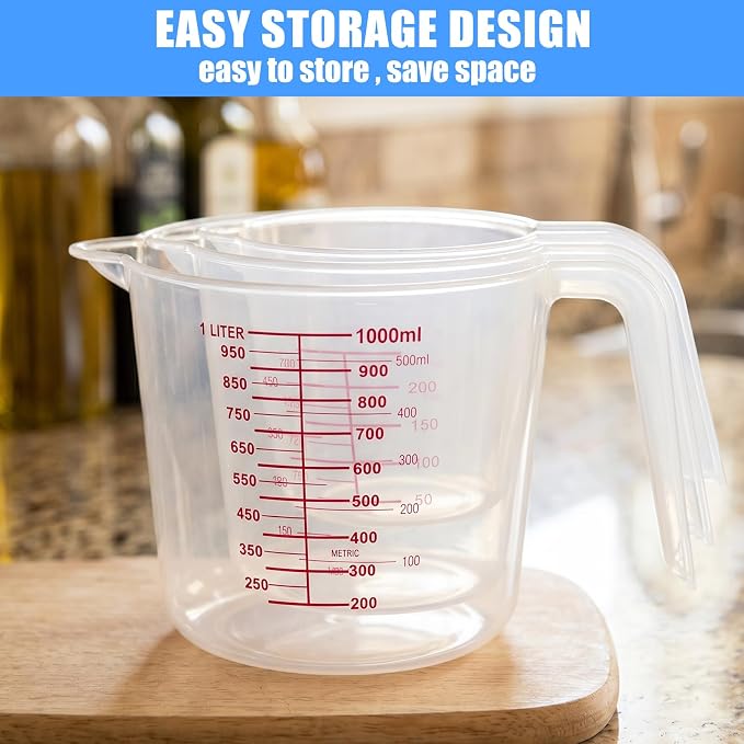 DTDNZKN 3 Pack Measuring Cups, 250ml (1-Cup), 500ml (2-Cup) &1000ml (4-Cup) | Plastic Liquid Measuring Cups - Clear Markings for Baking, Cooking, Mixing, Oil & Water Measurement - Essential Kitchen Tools