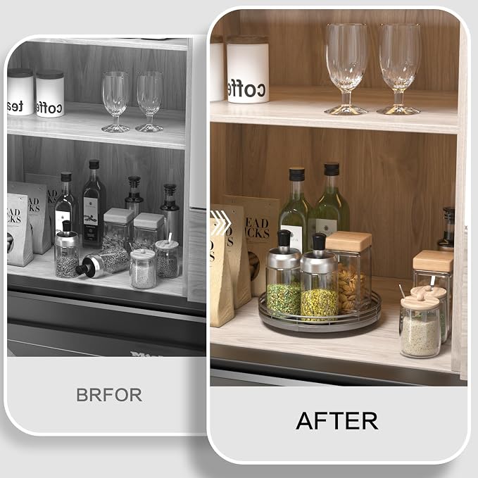 Oroyutor 9-Inch Oak Lazy Susan Decorative Tray with Silver Metal Rail | Rotating oak tray organizes spices, toiletries and decor on kitchen counters, bathroom vanities, dining and coffee tables.