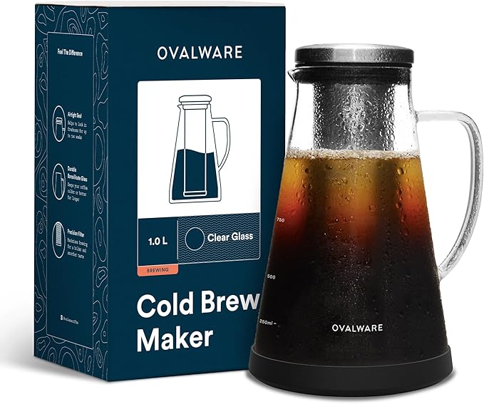 OVALWARE Airtight Cold Brew Coffee Maker with Tea Infuser & Spout 1.0L/34oz | Borosilicate Cold Brew Coffee & Iced Tea Maker with Removable Strainer & Spout | Ideal for Home Baristas & Tea Enthusiasts
