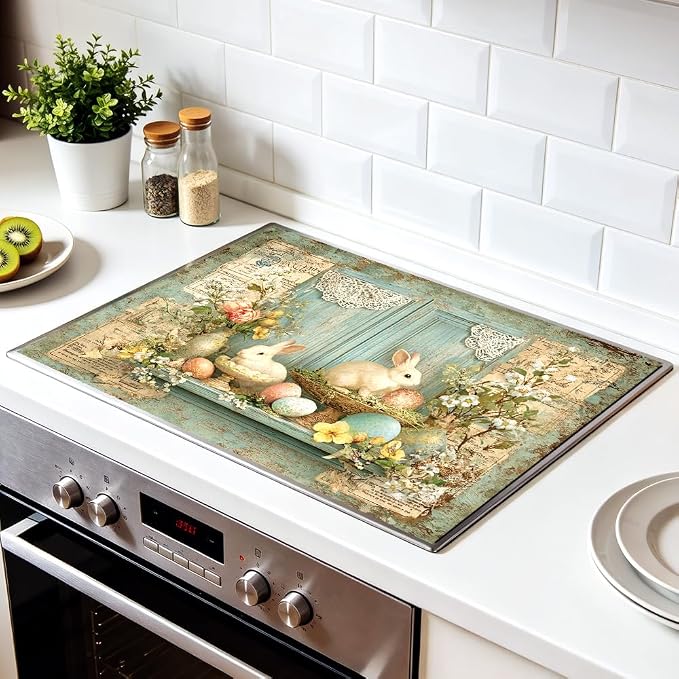 Easter Bunny Stove Top Cover 28.35x20.47 in Non Slip Mat | Heat Resistant Cooktop Protector Mat with Non-Slip Backing, Scratch Protection and Countertop Drying Mat.