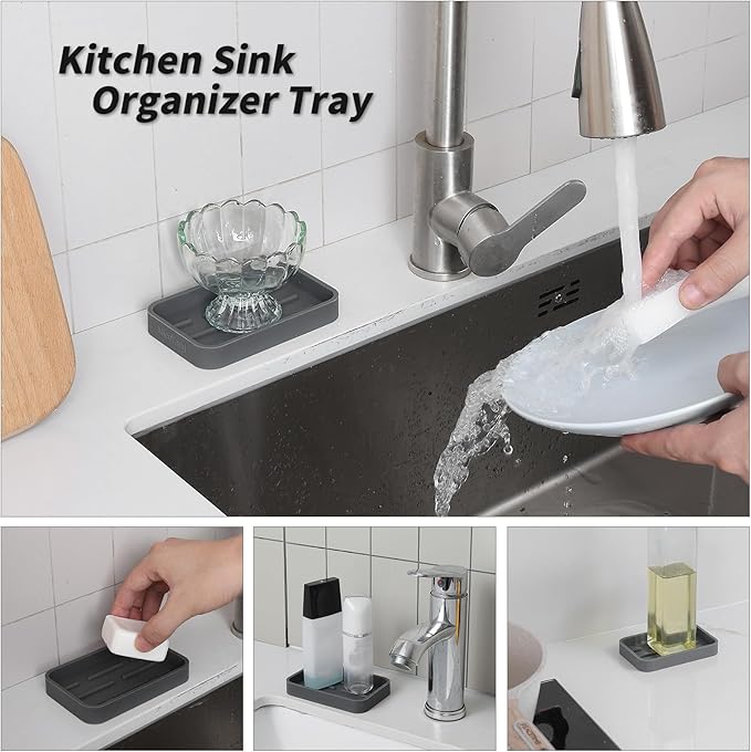 MicoYang Silicone Kitchen Sink Organizer Tray for Multiple Usage,Easy Clean Sponges Holder for Kitchen Bathroom Counter or Sink,Dish Soap Dispenser,Scrubber,Bottle,Cup Grey 4.9”x 3.2”
