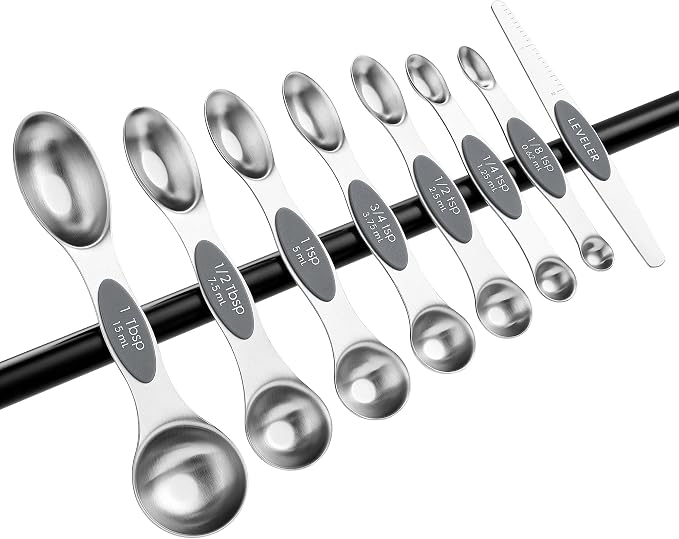 Spring Chef Stainless Steel Magnetic Measuring Spoons Set of 8, Gray | Stackable Metal Teaspoon & Tablespoon Measuring Spoons with Leveler for Dry & Liquid Ingredients, Dual Sided, Dishwasher Safe