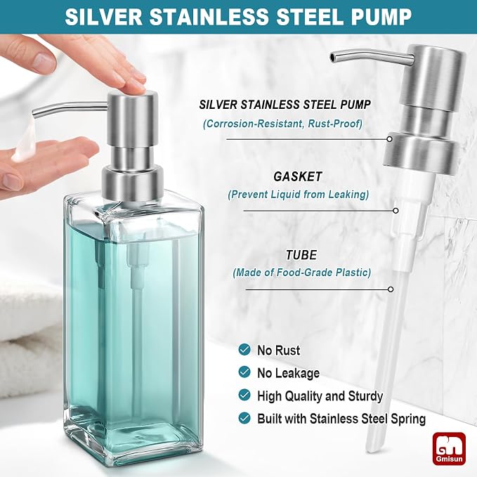 GMISUN Glass Soap Dispenser with Stainless Steel Pump, Clear Hand Soap Dispenser for Bathroom, 12 fl oz/350ml Dish Dispensers for Kitchen, Modern Refillable Liquid Soap Lotion Bottle for Countertop