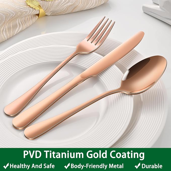 Rose Gold 30-Piece Flatware Sets Service For 6,Pink Silverware Set Includes Knife Spoon And Forks Eating Utensils Sets For Kitchen,Metal Cutlery Set Tableware Sets