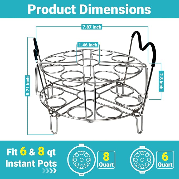 Stackable Egg Steamer Rack for Instant Pot 6Qt & 8Qt, 18 Egg Holder | Durable 304 Stainless Steel Construction, Heat-Resistant Handle, Steaming & Cooling Rack