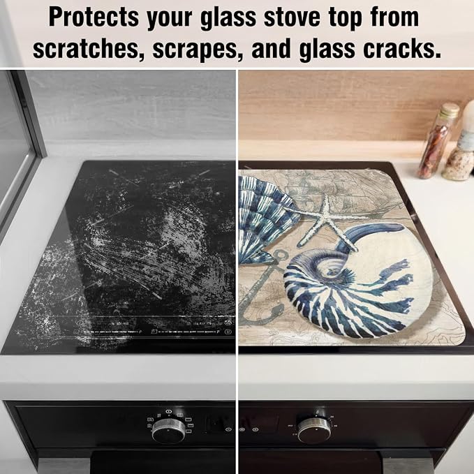 Nautical Stove Top Cover for Electric Stoves,Spring Summer Ocean Seashell Beach Stove Top Cover for Kitchen Decor,Heat Resistant Cooktop Protector Mat,Non-Slip Washable Dish Drying Mat 28"x20"
