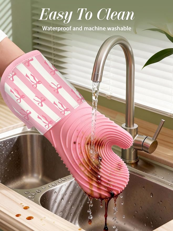 Slohif Long Silicone Oven Mitts Heat Resistant for Women - 2 Pcs Pink Bow 100% Cotton Oven Gloves, Non-Slip and Waterproof Silicone Oven Mitts with Hanger for Baking and Cooking