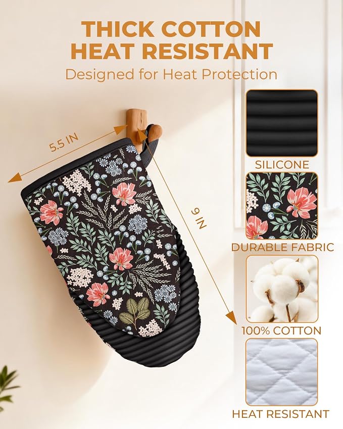 100% Thick Cotton Oven Mitts Ribbed Soft Silicone Bright Flower | Aesthetic Oven Mitts for Women, Machine Washable Non-Slip Kitchen Mitts, Reversible for Both Hands, Stylish Kitchen Decor