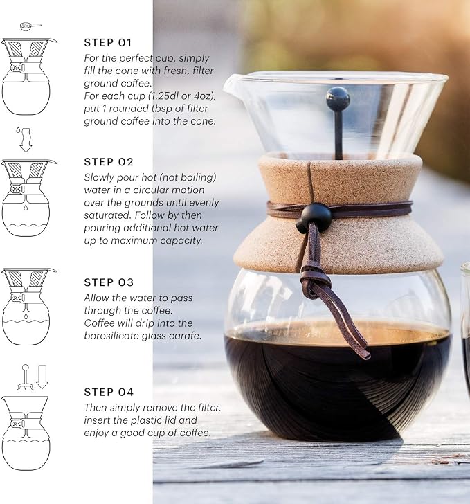 Bodum 51oz Pour Over Coffee Maker, High-Heat Borosilicate Glass with Reusable Stainless Steel Filter and Cork Grip - Made in Portugal