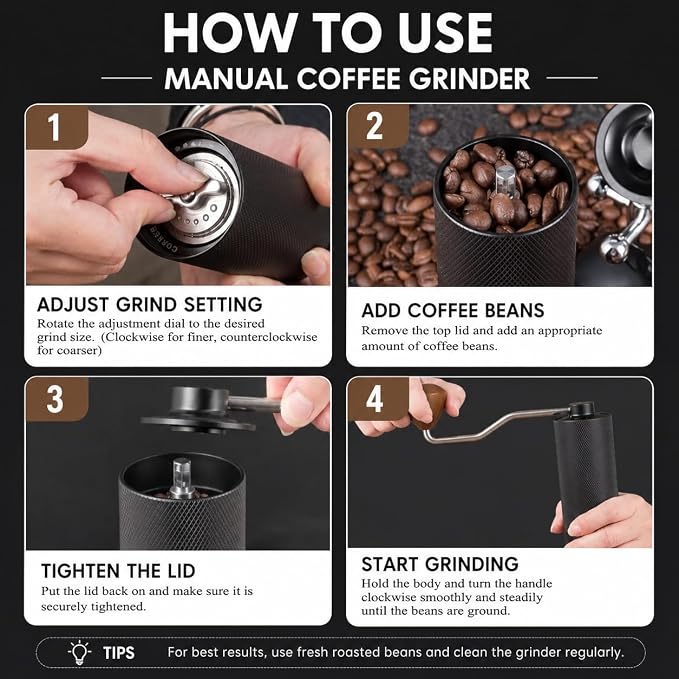 Manual Coffee Grinder - Stainless Steel Burrs, Adjustable Grind Settings, Portable Hand Crank for Espresso, Drip, French Press - Compact, Durable, Ideal for Home & Travel (Black)