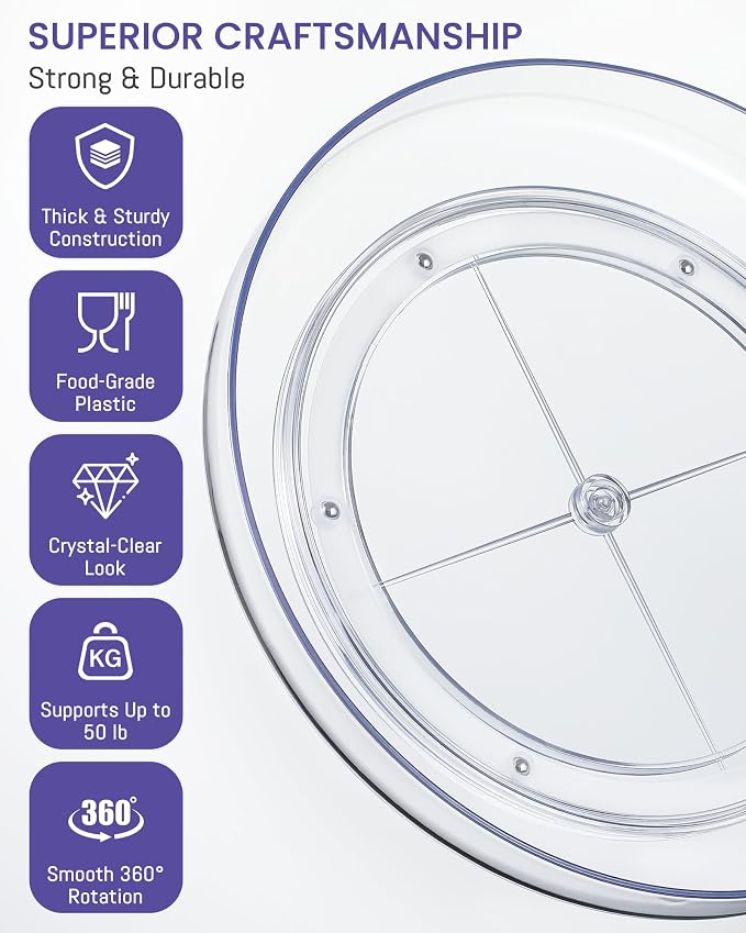 2 Pack 9 Inch Elegant Clear Turntable Acrylic Lazy Susan, Non-Skid Rotating | Smoothly Kitchen Spice Rack, Cabinet Pantry Organization Storage, Refrigerator, Vanity Makeup, Bathroom Countertop Organizer