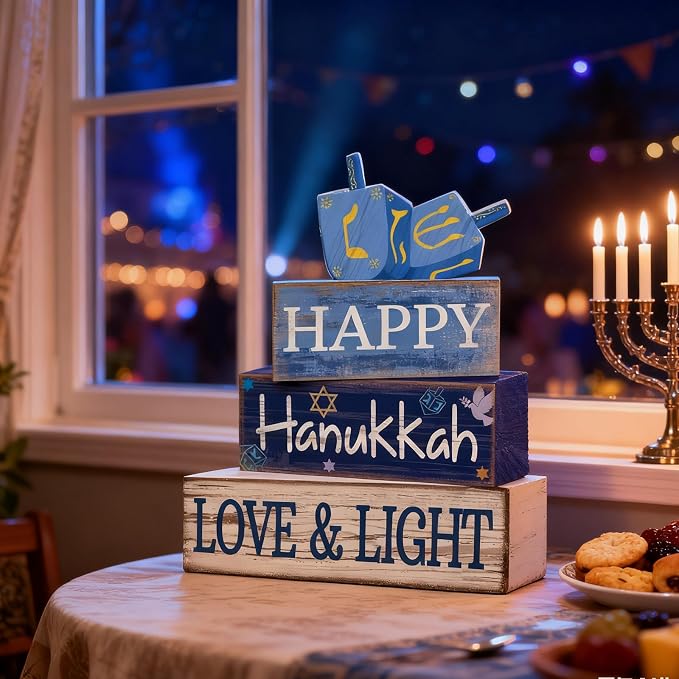 Lineshading 4 Pcs Wooden Hanukkah Decor Farmhouse Blocks with Dreidel | Tiered Tray Display, Rustic Tabletop Signs with HAPPY LOVE LIGHT Text, Home Shelf Decorations, Jewish Holiday Gift
