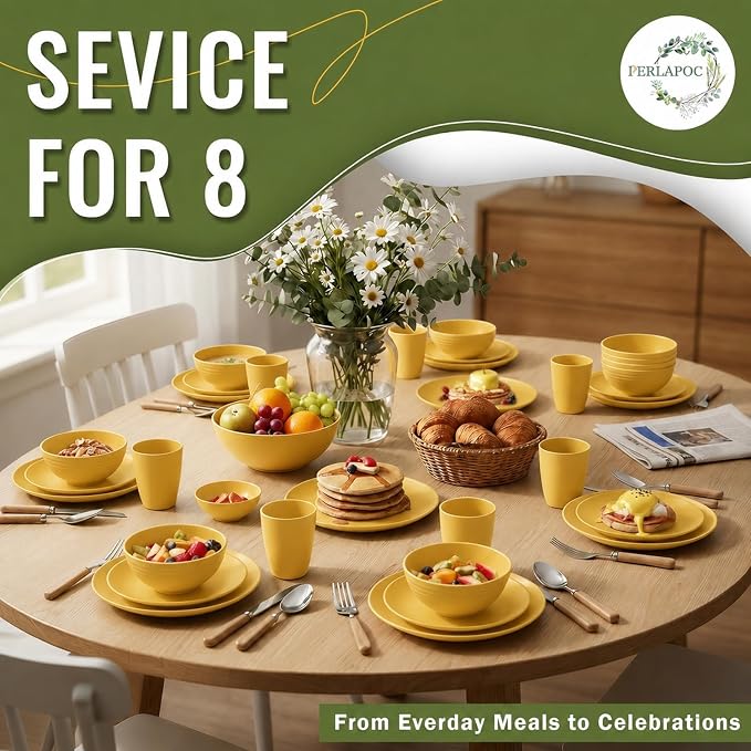 40 Piece Wheat Straw Dinnerware Sets for 8, Unbreakable Dish Set, Plates and Bowls Sets for 8, Lightweight Kitchen Dishware Set for Camping, Picnic, and Famliy Everyday Use - Yellow