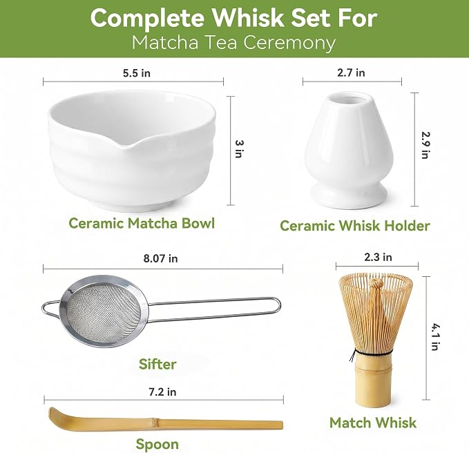 Matcha Whisk Set with Classic White Ceramic Bowl - Complete Matcha Making Kit, Bamboo Whisk (Chasen), Matcha Powder Sifter, Scoop, Whisk Holder, Japanese Tea Ceremony Tools