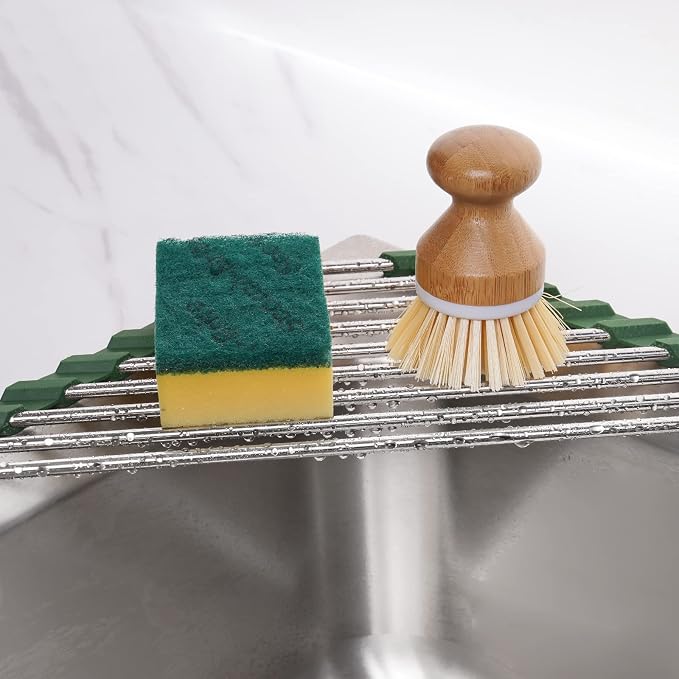 Tomorotec Triangle Roll-Up Dish Drying Rack for Sink Corner Small Foldable Stainless Steel Over The Sink Multipurpose Kitchen Drainer Caddy Organizer Storage Shelf Holder (Olive Green) | BPA-Free Food-Grade Silicone Edges Foldable Waterproof Rustproof ...
