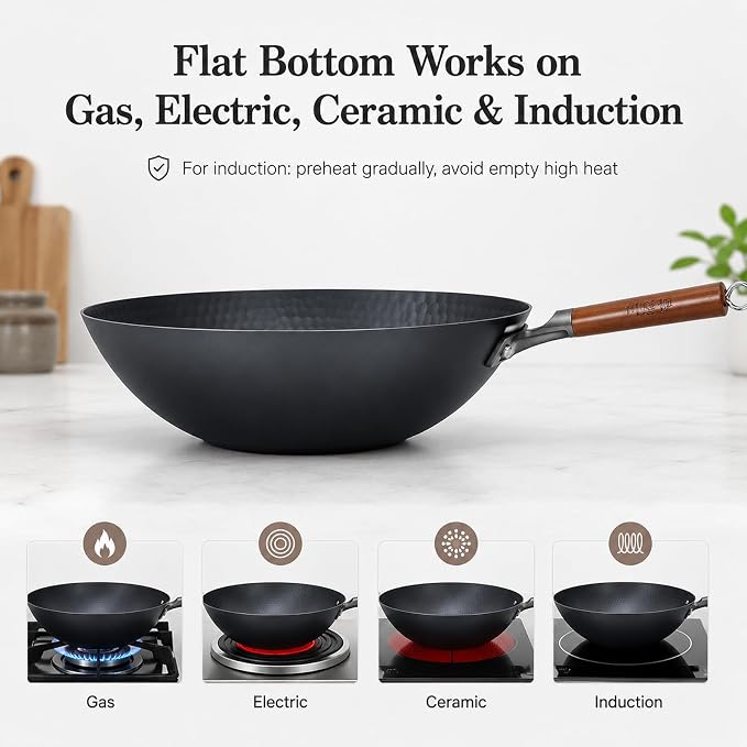 WANGYUANJI Lightweight Carbon Steel Wok Pan with Lid, 12.6" Flat Bottom Stir Fry Wok for Induction, Electric & Gas Stoves, 2.9 lb Wok Body, Pre-Seasoned Nitrided Wok, No Chemical Coating