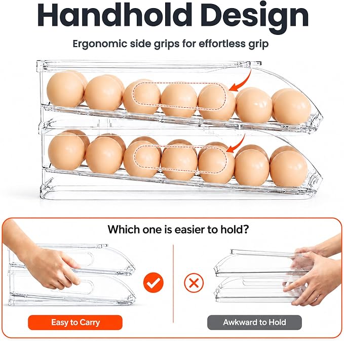 SMRCAD 36-Egg Dispenser with Silicone Bumpers, Auto-Rolling, Stackable | BPA-free food-grade PET | Stackable with lid | Built-in handle | 11.92"L x 8.85"W x 5.4"H | Hand wash only