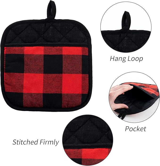 Joyhalo 4 Pack Pot Holders for Kitchen Clearance | Cotton Oven Holder with Great Heat Resistance, Potholders Sets for Kitchen, Countertops, Hot Pots and Pans, Black and Red
