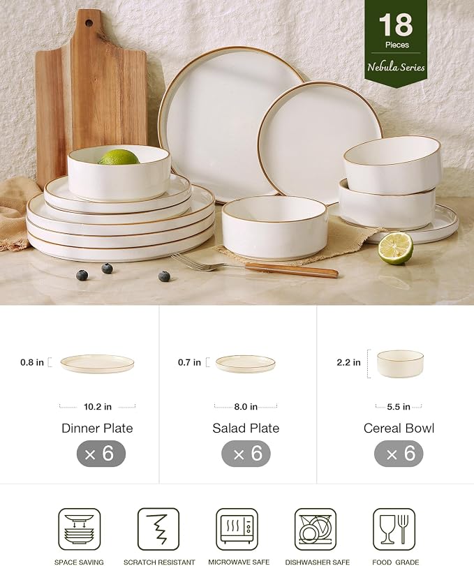 Famiware Nebula 18-Piece Dinnerware Set, Vanilla White with Brown Rim | Stoneware Dish Set for 6, Plates and Bowls, Microwave and Dishwasher Safe, Chip and Scratch Resistant