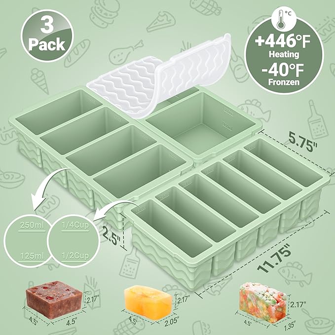 3-Pack Silicone Freezer Trays with Lid, Soup Freezer Container Molds | 2 Large 2-Cup, 4 Medium 1-Cup, 6 Small 1/2-Cup, BPA Free, Ice Cube Tray for Soup, Stews, Sauces, Meal Prep, Broth, Leftovers