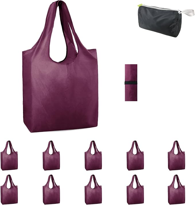 BeeGreen Burgundy Reusable Grocery Bags with Zipper Storage Pouch 10 Packs Wine Red Reusable Shopping Bags Bulk Foldable-Machine Washable
